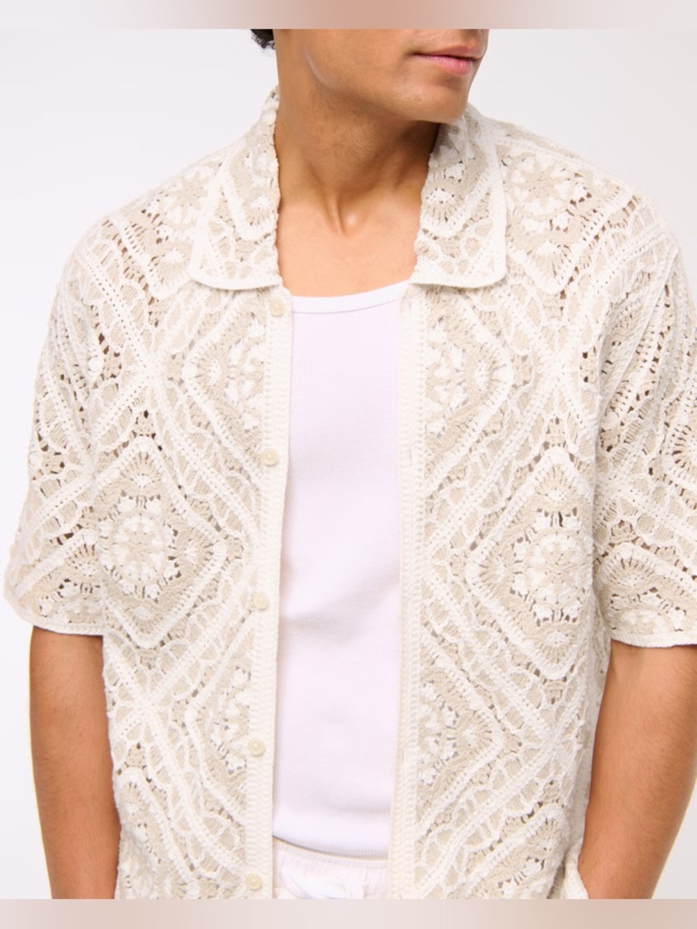 Abercrombie & Fitch Crochet-Style Floral SS Button Through Sweater Polo XL Cream